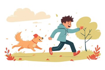 Child and dog joyfully running together in an outdoor setting.