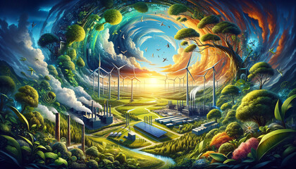 Vivid and surreal depiction of a circular landscape showing the transition from industrial pollution to renewable energy sources and vegetation. Concept of opposites. AI generated.