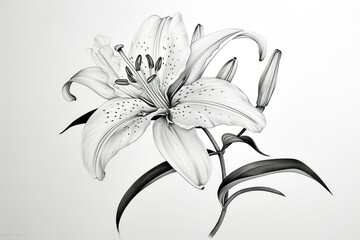 Hand-drawn lily flower with detailed petals and stamen on a white background.