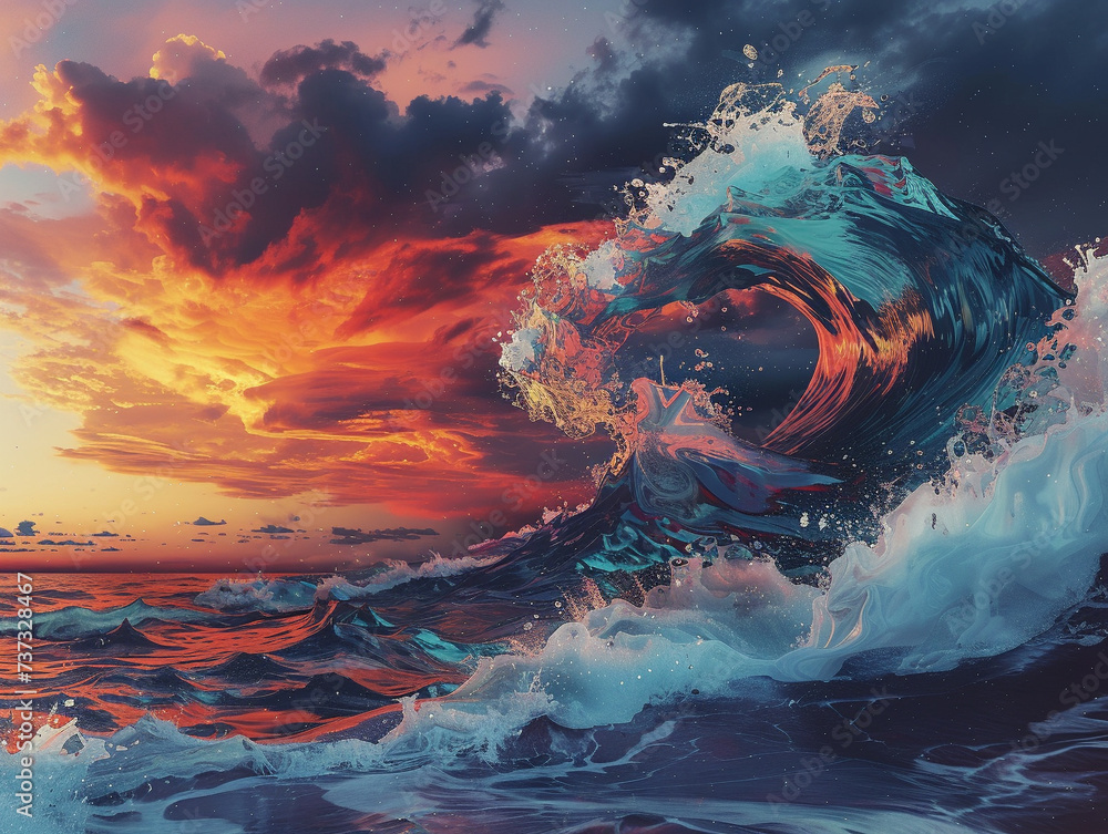 Poster devise a surreal universe within a gorgeously colored wave flowing in the vast ocean