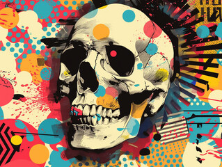 Digital illustration of a skull adorned with avant garde pop art designs
