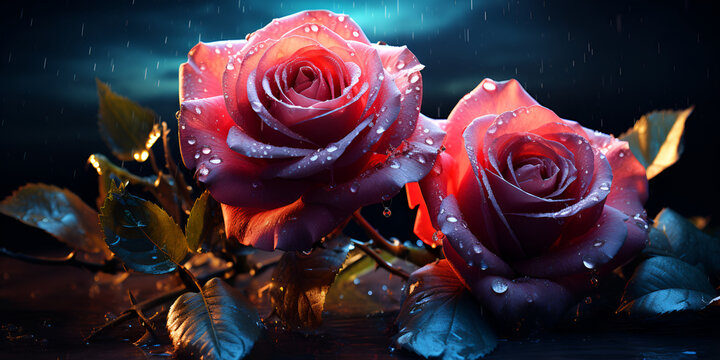 Valentine rose hearts with dew drops on red roses on a dark background 