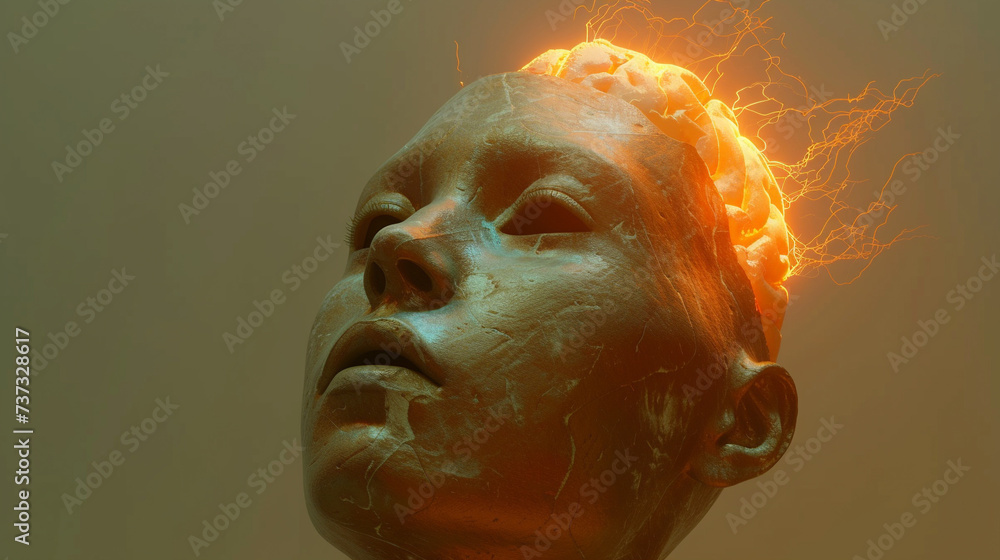 Poster exhibit a human head with an electric brain using a 3d rendering technique