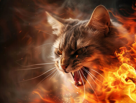 Express the anger of a cat using fire as a metaphorical element