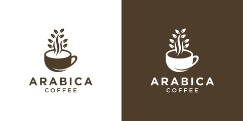 coffee cup logo in line style, vector oeganic arabica coffee logo with simple leaves - obrazy, fototapety, plakaty