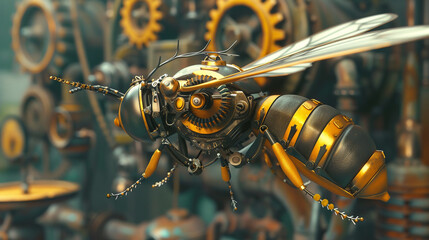 Illustrate a steampunk scene involving a fly insect with distinctive cartoon features in 3D render