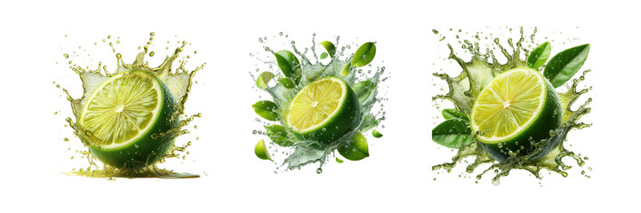 Set of lemon in juice splash in air, illustration, isolated over on transparent white background