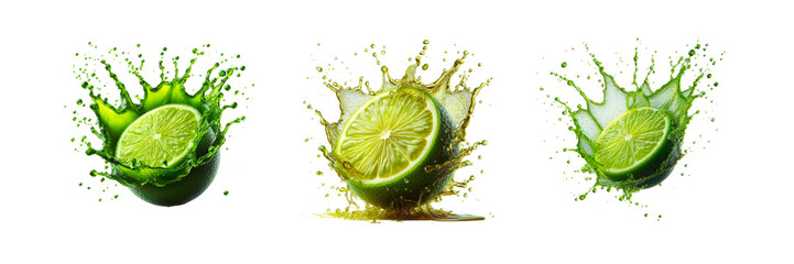Set of lemon in juice splash in air, illustration, isolated over on transparent white background
