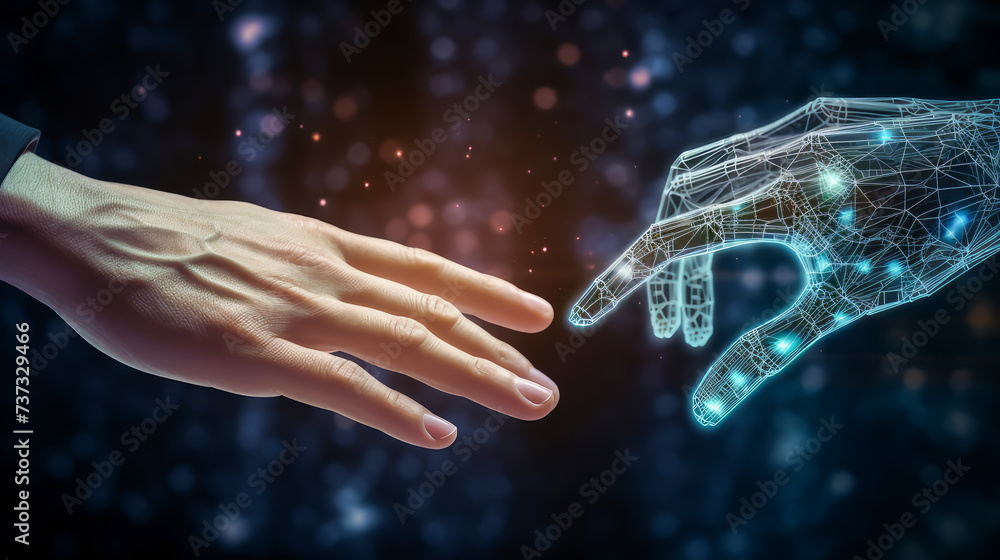 Aufkleber artificial intelligence machine learning robot hands and human touch