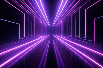 Glowing Neon Tunnel in Dark: Abstract Illustration of Futuristic Space Design with Modern Floor and Wall, Blue Wallpaper and Pink Bright Lights