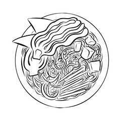 Outline vector drawing of Vegetarian Ramen. Stylized illustration of Japanese traditional soup with noodles isolated on white background. Sketch for menu, recipe, advertising, or social media. 