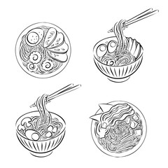 Set of stylized vector traditional Japanese ramen soup with different ingredients. Sketch line art for menu, recipe, sticker, social media advertising. Asian cuisine with noodles. 