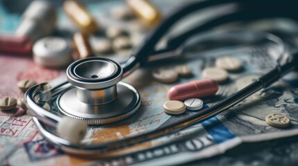 Isolated Medication: Stethoscope and Pills Resting on Money.