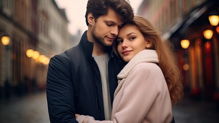 In the image, we see a young man and woman sharing an affectionate embrace on a cobblestone street that hints at an old European city. The man is wearing a dark jacket and has his chin resting gently 