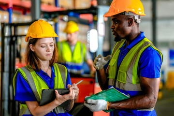 Concept workers people operation in industrial. team of factory industrial warehouse. Male giving some advice to team. Group of Diversity engineer factory people meeting.