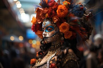 Mexican holiday of the dead. Young beautiful woman with makeup on her face in the form of a skull and flowers on her head.