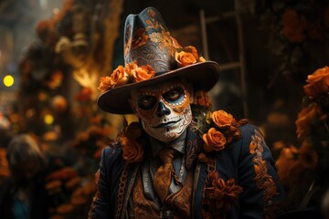 Mexican holiday of the dead. A man with a face painted in the shape of a skull, wearing a hat with flowers.