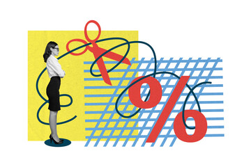 Collage art illustration of business lady cut her business model which concentrated on percent from sales isolated over white background