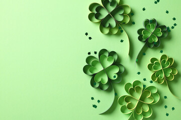 St Patrick's Day holiday background with four leaf clover paper art and confetti. Top view.