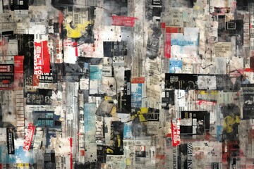 Mixed media collage, newspaper collage on grunge background