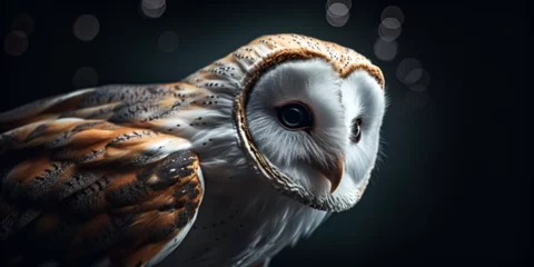 Foto op Canvas Beautiful owl sitting on a dark background Beautiful motley owl closeup tyro albahead night hunter  © Mustafa