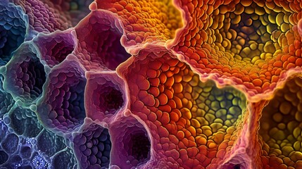 Colored porous cell with holes and bubbles on the walls, close-up - obrazy, fototapety, plakaty