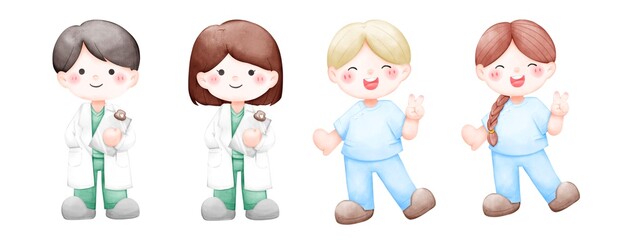 Set of medical young staff include doctor and nurse cute cartoon character, adorable, watercolor isolated on white background