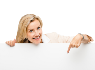 Happy, portrait and business woman with poster for marketing, promotion or advertising mockup. Smile, pointing and professional female person with empty space billboard by transparent png background.