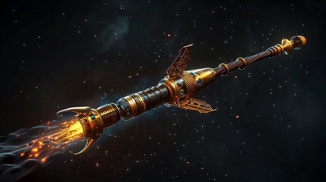 Magic broom with elements of a futuristic rocket fusing together in a unique design