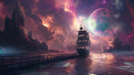 Quirky conceptual art of a sailing ship moored to an alien pier in an intergalactic space - obrazy, fototapety, plakaty