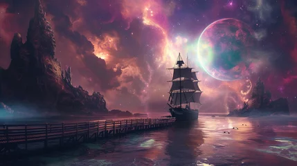 Fotobehang Quirky conceptual art of a sailing ship moored to an alien pier in an intergalactic space © pprothien