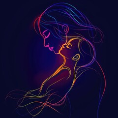 Beautiful mother and child in muticulor neon lighting, mother's day concept with copy space.