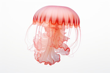Obraz na płótnie Canvas An elegant coral jellyfish captured in a moment of graceful floating, with its delicate tentacles and translucent bell highlighted against a soft, white background.