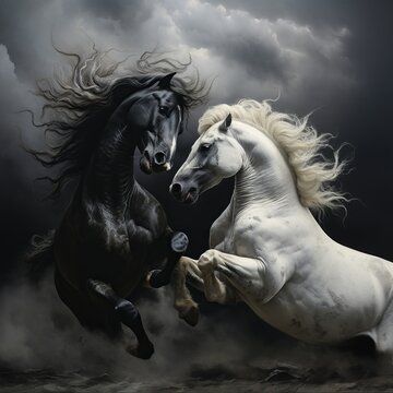 illustration of two white and grey horses biting and fighting, Generative ai