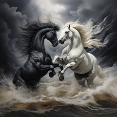 Obraz na płótnie Canvas illustration of two white and grey horses biting and fighting, Generative ai