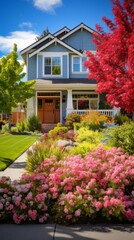 Colorful flowers and a blue house