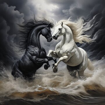 illustration of two white and grey horses biting and fighting, Generative ai