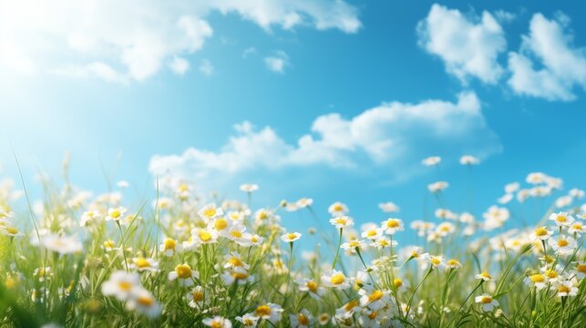 Field of daisies under a blue sky