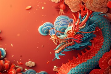 A strikingly vivid and colorful Chinese dragon illustration, weaving through floral motifs on a rich red background.