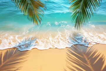 Palm trees over turquoise ocean water and white sand beach