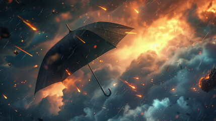 The unique imagining of an umbrella as a shield against a fiery meteor storm