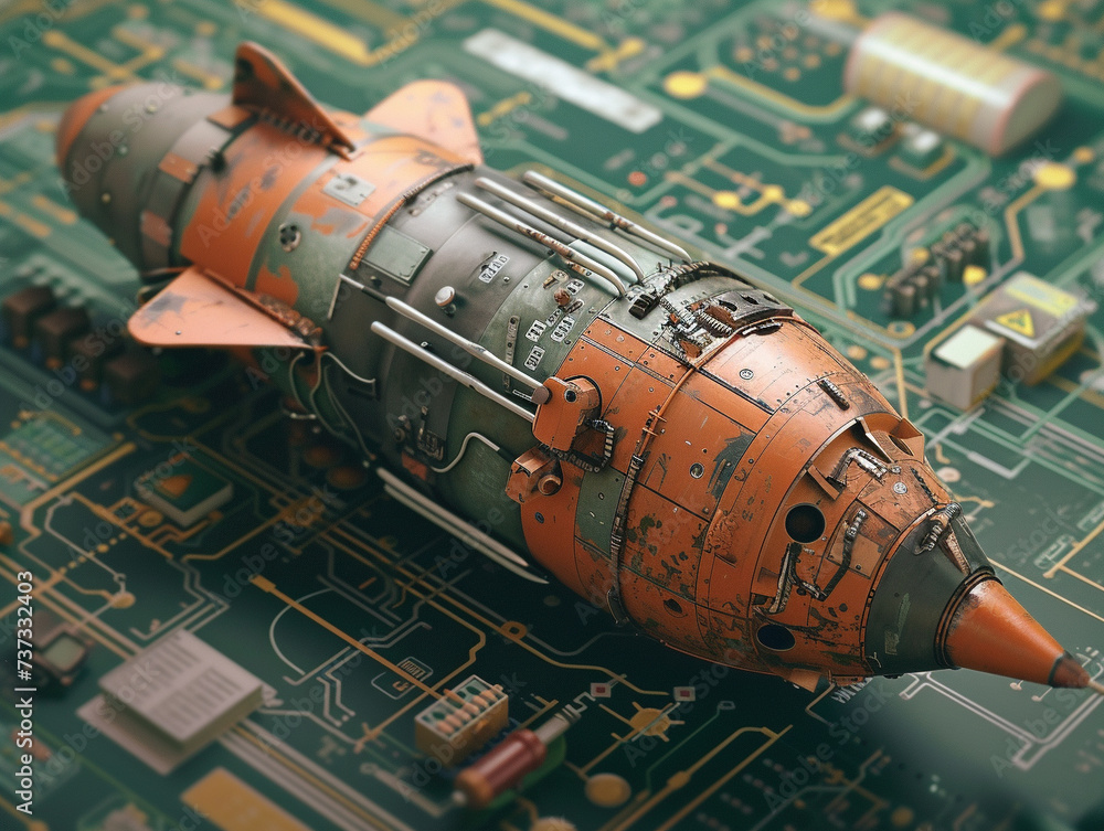 Poster uniquely portray a toy atomic bomb with intricate detailing in a 3d render