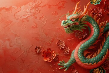 Elaborate traditional Chinese dragon art adorned with auspicious symbols and floral patterns against a textured red backdrop.