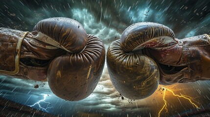 Epic illustration of a boxing match with two worn leather gloves