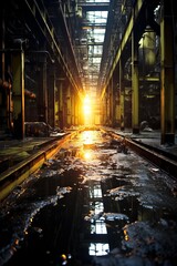 An abandoned factory building with sunlight shining through the roof