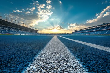 Blue running track in a large empty stadium with white line marking the lanes under a blue sky with white clouds and bright sun