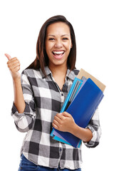 Woman, student and portrait with thumbs up and university folder from studying success. Happy, yes...