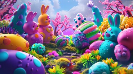 Fototapeta na wymiar Easter colorful background with crazy eggs and cute bunny, animals, fluo, art, 3d style