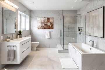 Fototapeta na wymiar Ensuite bathroom with marble tiles and large glass shower