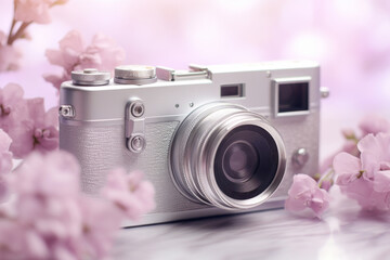 Spring photoshoot background. Silver digital mirrorless camera and flowering Sakura tree branch with pinky white blossoms